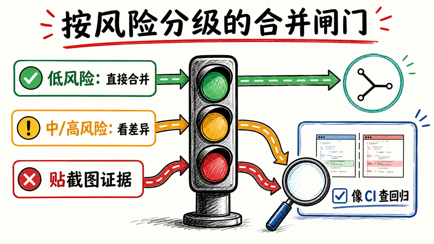 按风险分级的合并闸门：低风险直接合、高风险才看差异